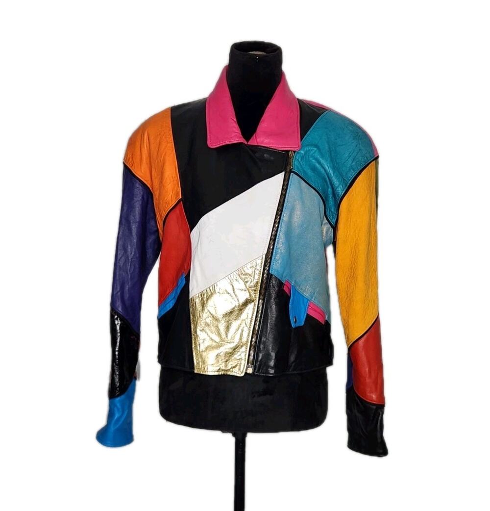 Firenze Santa Barbara Vintage Colorblock Soft Calf Leather Moto Jacket Sz Medium